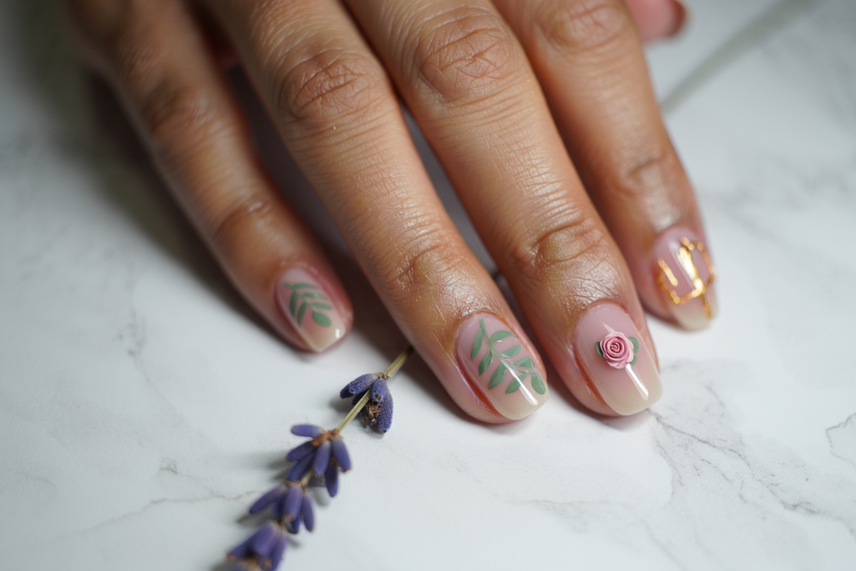 Botanik desenli jel tırnak tasarımının yakın çekimi