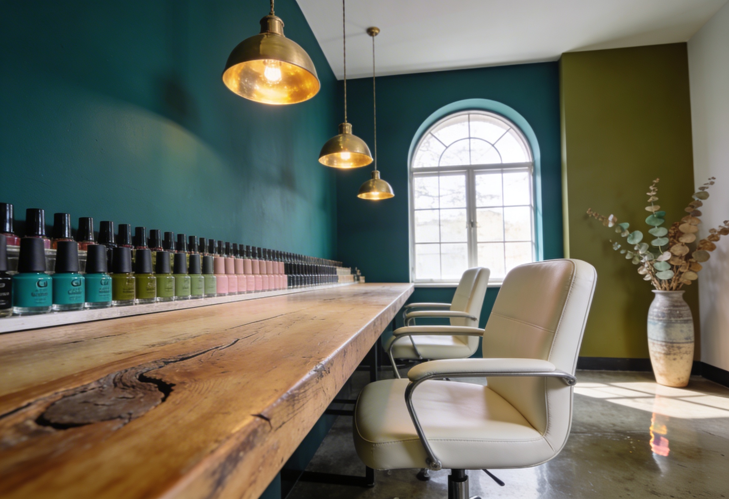 Sıcak aydınlatmalı butik tırnak stüdyosu iç mekanı