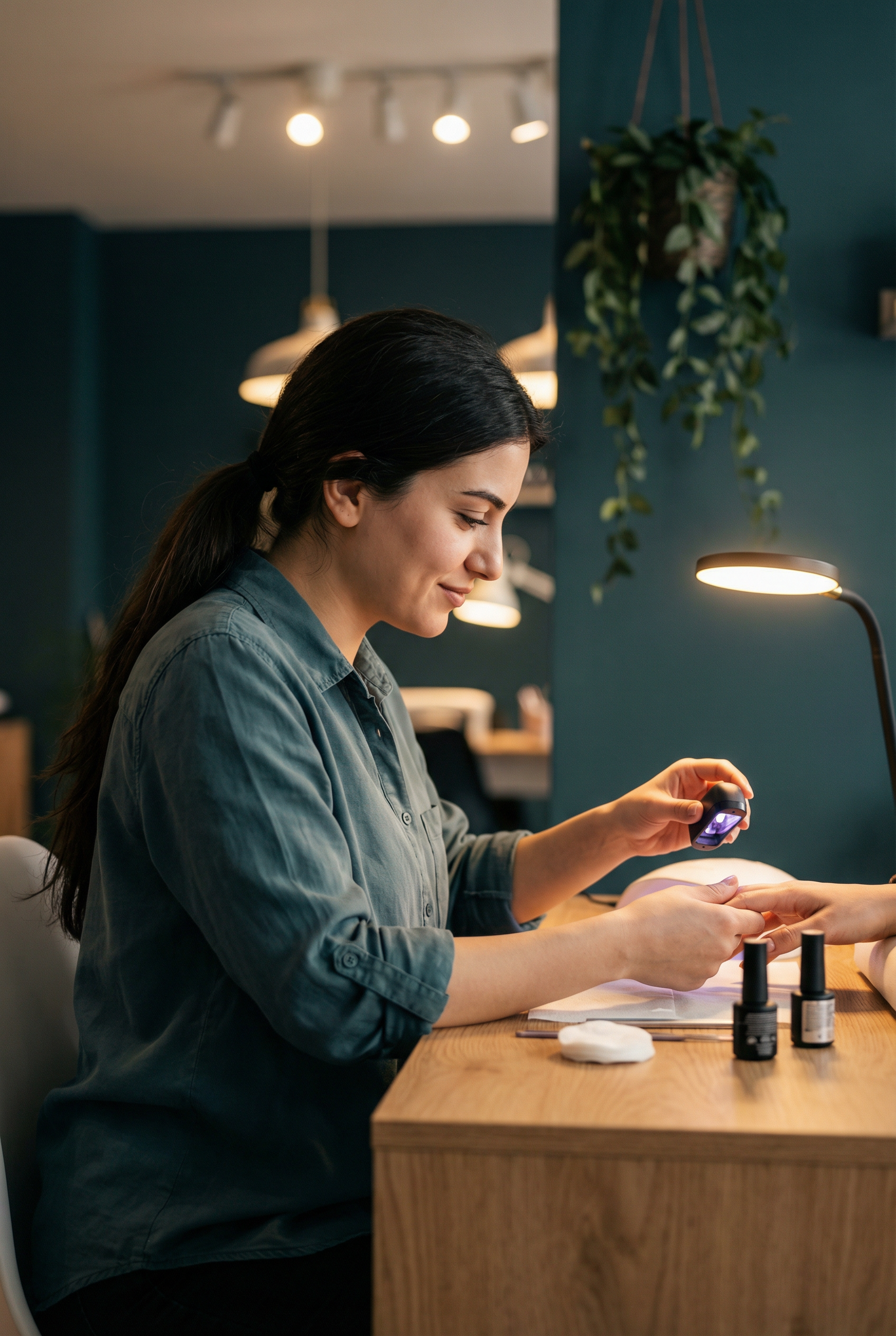 Çalışma masasında müşteriye uygulama yapan genç tırnakçı Zeynep